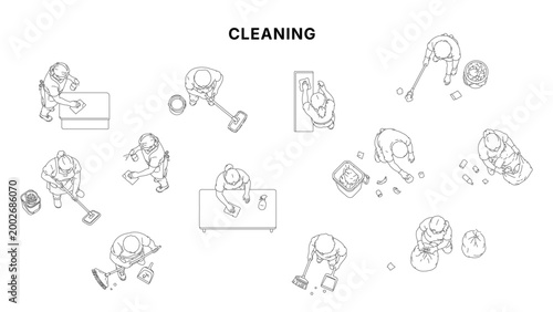Minimal CAD cleaning activity drawings set with people mopping, wiping, sweeping and trash handling, top view symbols in clean architectural line style for plans and layouts