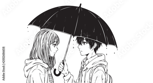 Rainy day couple, sharing umbrella, manga style, black and white illustration, romantic scene
