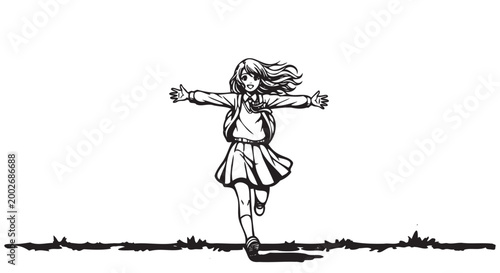 Dancing girl, carefree illustration, black and white vector, joyful movement