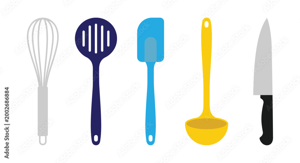 Fotografie Kitchen utensils set flat vector illustration on white background