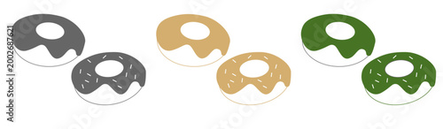 Donut icon set with chocolate, caramel and matcha variations, with and without sprinkles, simple flat vector illustration