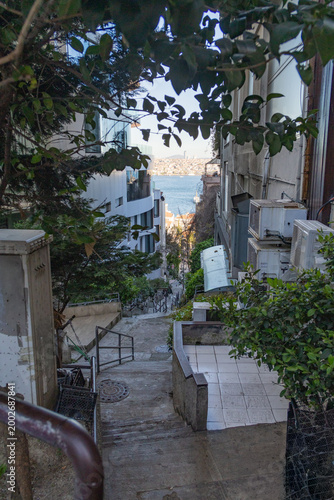 Istanbul Cihangir Steep Staircase Street with Bosphorus View, Historic Apartment Buildings, Turkey