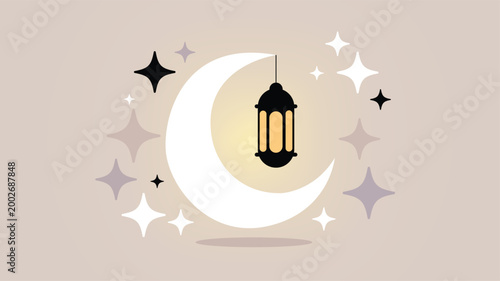 Minimal Crescent Moon with Hanging Lantern for Eid Mubarak Islamic Celebration.
