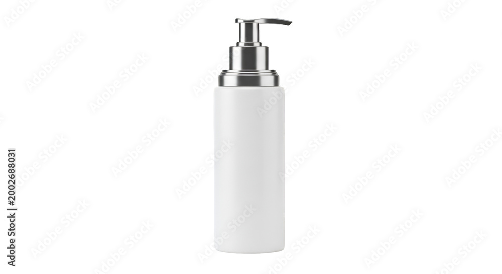 Obraz premium White pump dispenser bottle with metallic silver pump isolated on black background product shot