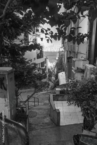Istanbul Cihangir Steep Staircase Street with Bosphorus View, Historic Apartment Buildings, Turkey