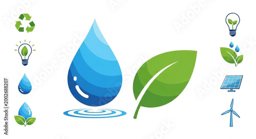 Water drop and green leaf with environmental icons.