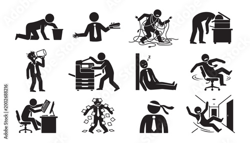 Office worker stress humor frustration and absurd workplace behavior silhouette icon set for corporate burnout and work culture concepts