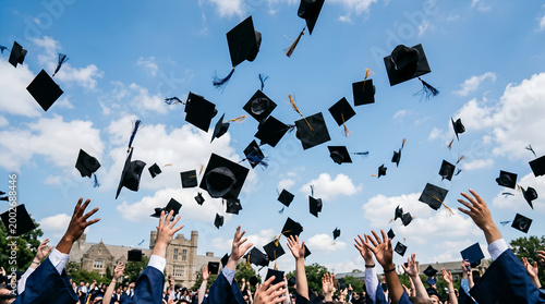 Group of university students throwing graduation caps in the air against blue sky