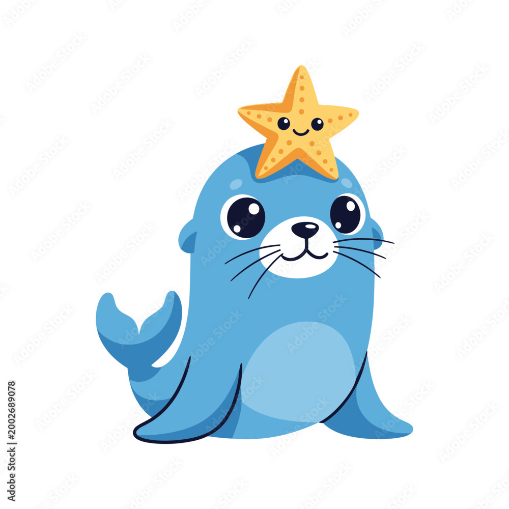 Naklejka premium Cute Blue Seal with Starfish on Head.