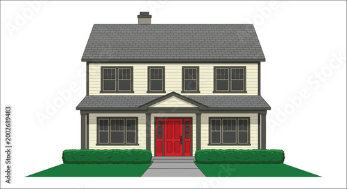 Illustration of a classic two story house with a gray shingle roof