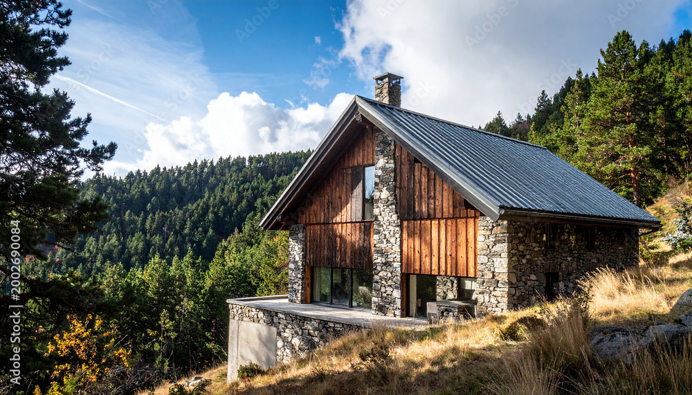 Obraz premium Mountain Home Architecture: Modern Rustic Exterior with Metal Roof and Stone