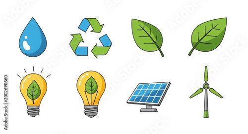 Set of eco-friendly symbols and icons for sustainability.