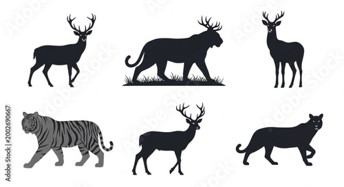 Collection of Animal Silhouettes Including Deer Tiger and Moose.