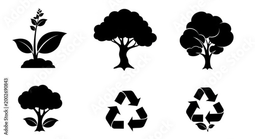 Set of six black silhouette icons representing nature and recycling concepts.