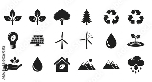 Collection of eco friendly icons representing nature and sustainability.