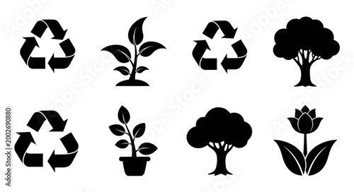 Recycling symbols and plant icons representing environmental care.
