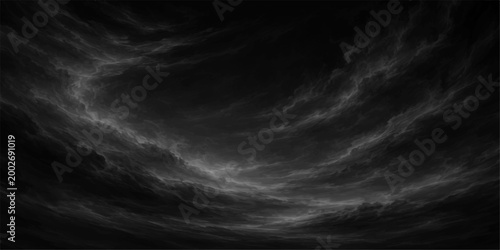 A swirling, ethereal, monochromatic, dramatic cloudscape fills the frame. The textures and tones create a sense of depth and mystery.