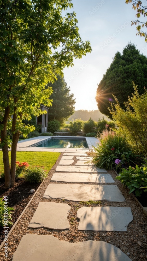 Fototapeta premium Path leads to pool, surrounded by trees and landscaped garden. Stone walkway with warm sunset tones.