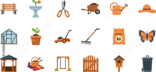 Gardening and backyard equipment flat vector icon set featuring tools plants and outdoor structures for landscape design