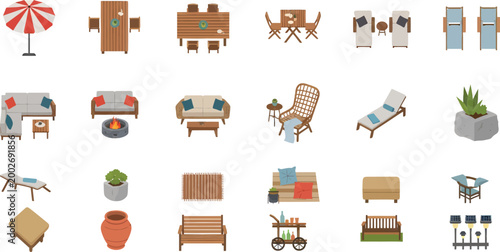 Outdoor furniture set collection with patio accessories and garden decor items in flat vector illustration design format