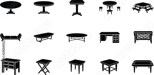 Set of various furniture table icons black silhouette collection isolated on white background vector illustration design element