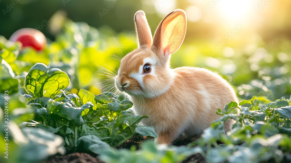 Fototapeta premium Rabbit sits among green plants near the setting sun in a garden during late afternoon