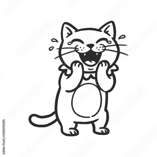 Minimalist happy laughing cat character. Feline vector illustration of laughter and joy isolated on white background.