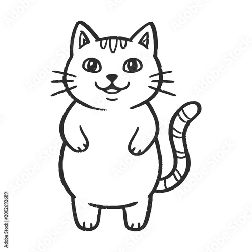 Cute standing cat character vector illustration. Simple feline line art doodle isolated on white background.