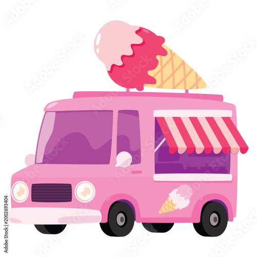Cute Pink Ice Cream Truck Cartoon Illustration