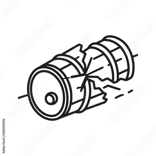 Damaged Industrial Metal Oil Barrel with Large Cracks and Leaking Structure Illustration.