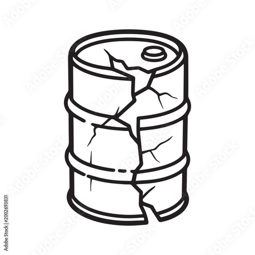 Damaged Industrial Metal Oil Barrel with Large Cracks and Leaking Structure Illustration.