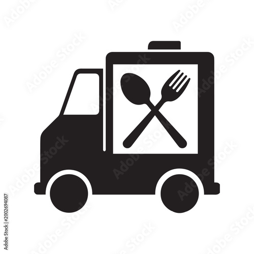 Food Truck Delivery Van Icon with Crossed Spoon and Fork Cutlery Symbol. 