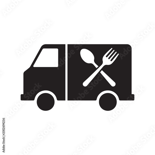 Food Truck Delivery Van Icon with Crossed Spoon and Fork Cutlery Symbol. 