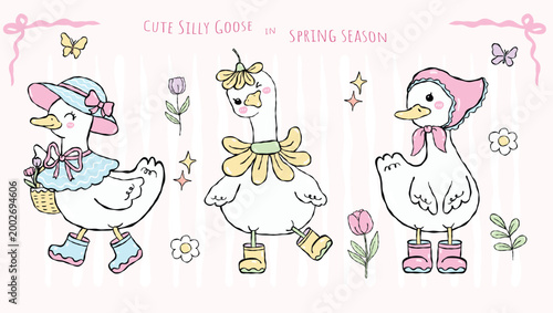 Cute silly geese in spring fashion outfits, funny birds wearing bonnets and ribbons with flower basket, vector illustration.
