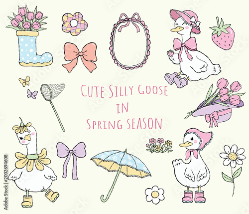 Cute silly goose and spring elements collection, gardening clipart set with tulips, strawberry and butterfly, vector illustration.