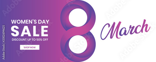 8 March Women’s Day Banner Design, Floral Gradient 3d Number Eight with Background for Social Media Cover and Website Header Template.