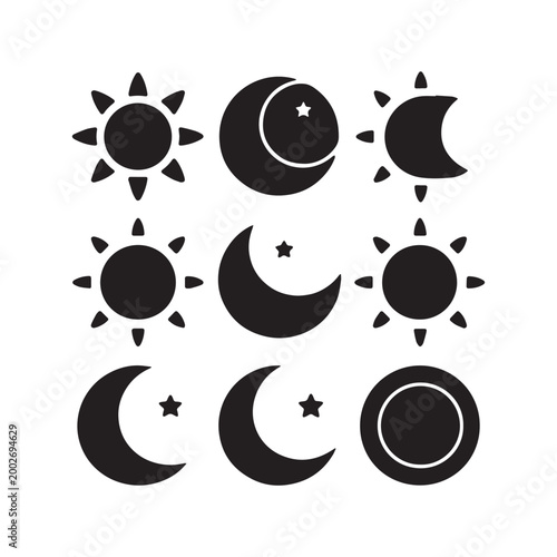Minimalist Black and White Celestial Icon Set Featuring Sun Moon and Stars.