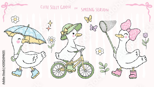Cute silly geese friends enjoying spring activities, funny birds riding bike and walking with umbrella, vector illustration.