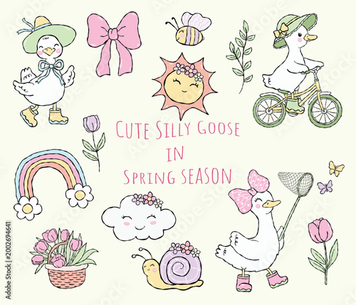 Cute silly goose outdoor activities set, funny bird riding bicycle and catching butterflies with rainbow, vector illustration.