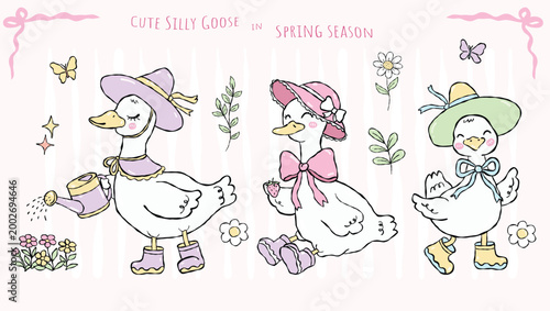 Group of cute silly geese in spring season, funny birds with watering can and strawberry in pastel style, vector illustration.