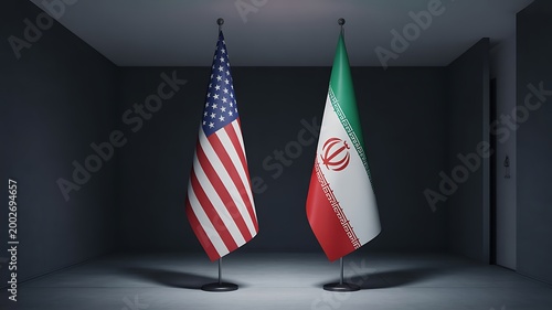 Usa and iran flags standing together on dark stage representing international relations tension and diplomacy
