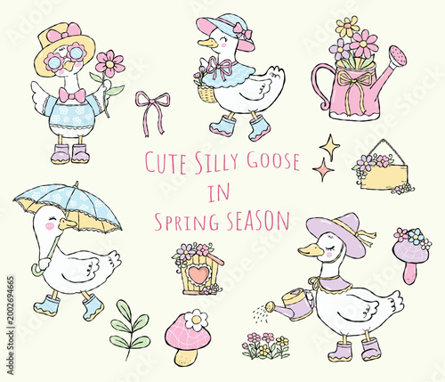 Cute silly goose gardening character set, little bird watering flowers and birdhouse in cottagecore style, vector illustration.