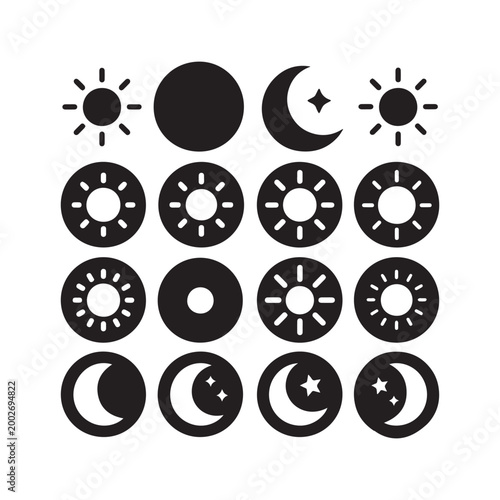 Minimalist Black and White Celestial Icon Set Featuring Sun Moon and Stars.