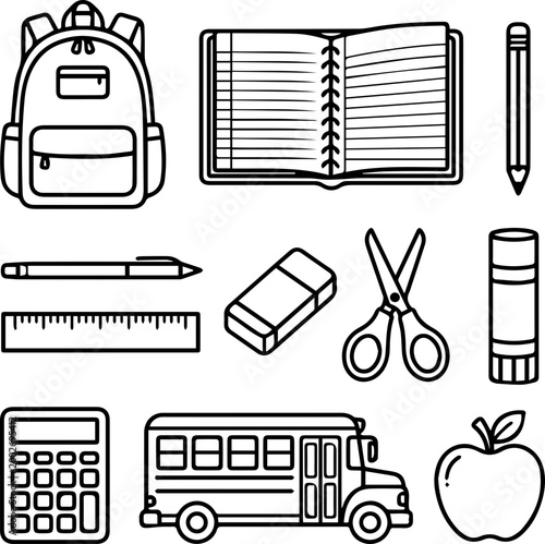 Back to School Essentials Black and White Outline Icon Set