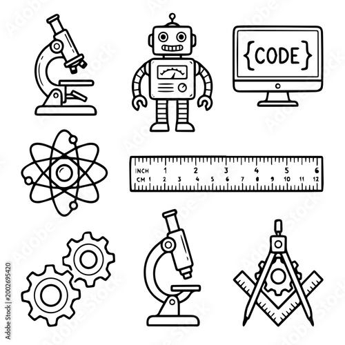 STEM Education Black and White Outline Icon Bundle