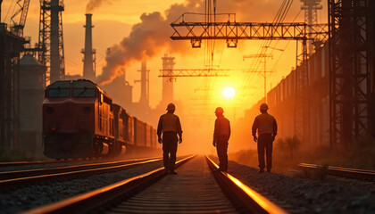 Men in hard hats stand on railway tracks beside a train at sunset. Industrial factories emit smoke in the background. Workers oversee rail transport operations in golden hour light.