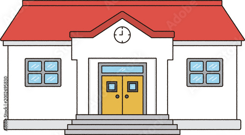 Elementary School with Clock and Red Roof Cartoon Illustration