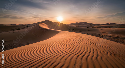 Sunset over vast desert dunes landscape illustration