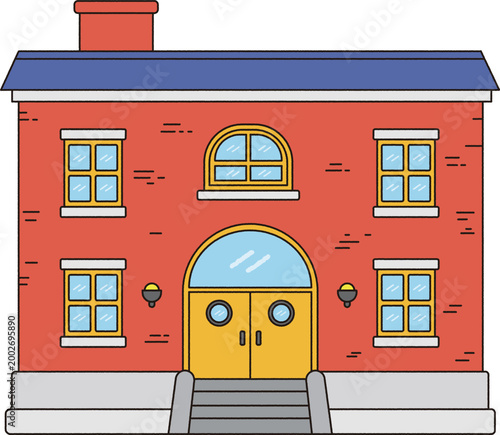Red Brick School Building Cartoon Illustration