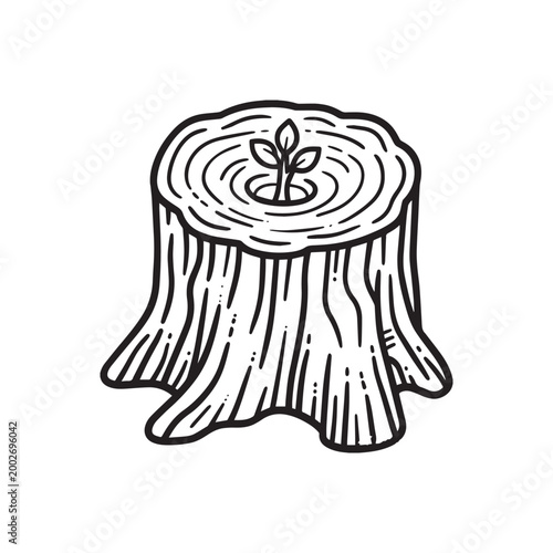 Resilient New Growth Sapling Emerging from a Weathered Vintage Wood Tree Stump.